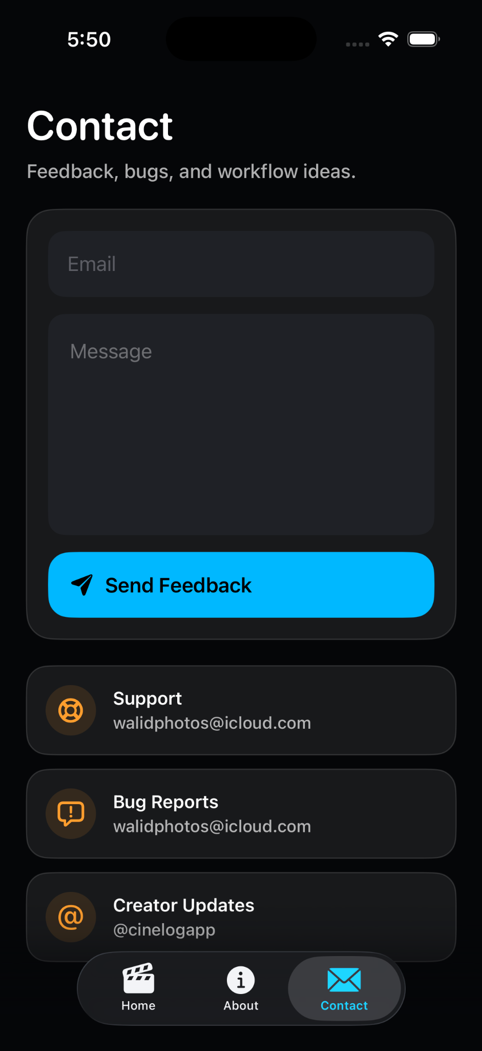 CineLog support and feedback screen